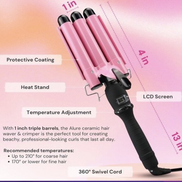 Allure 3 Barrel Curling Iron Hair Crimper: Dual Voltage Three Barrels Hair Waver - Picture 10 of 11